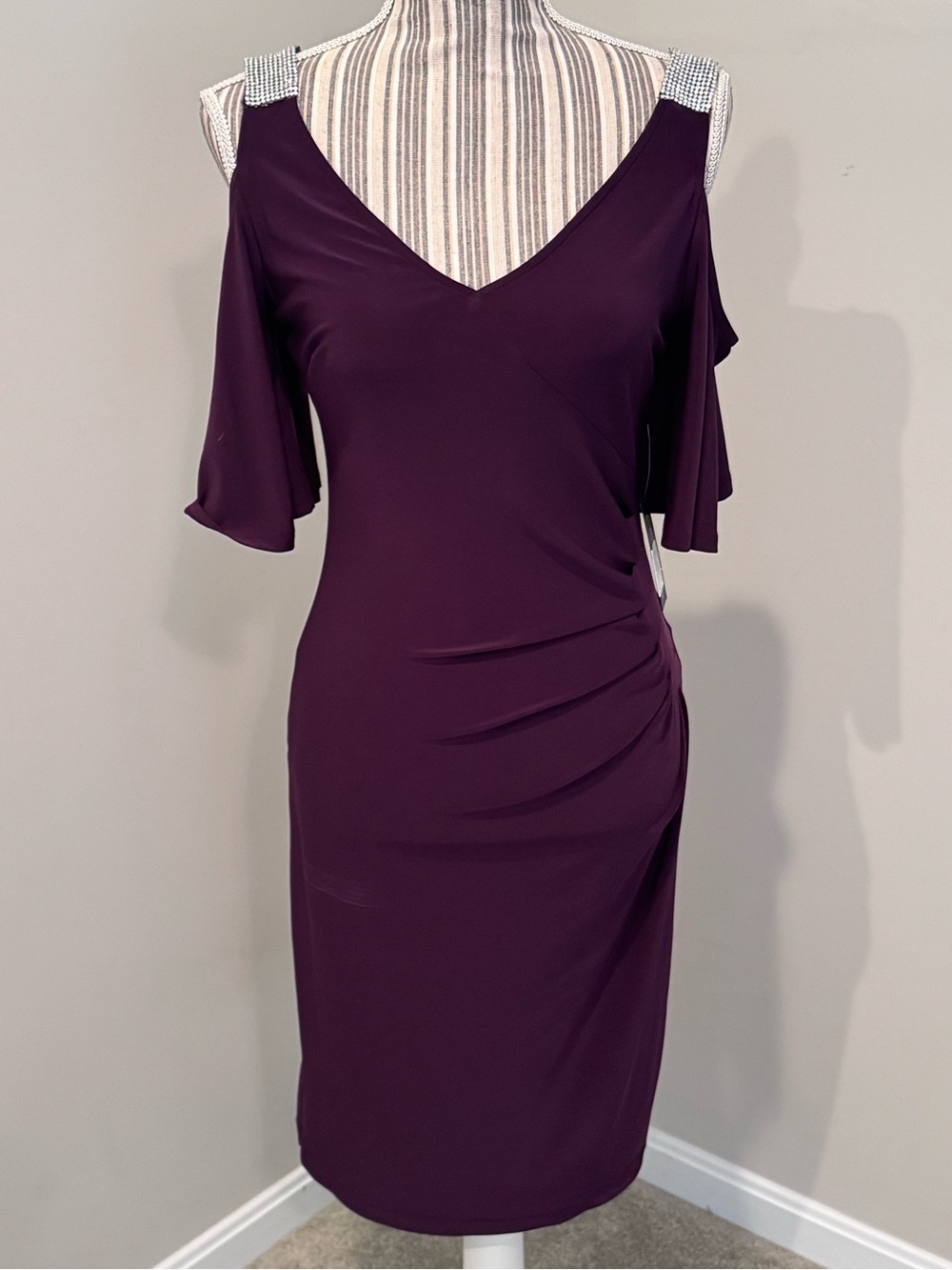 Onyx Nite Shoulderless Dress Funeral Chic Purple Beaded Gothic Size 6 Sm NWT